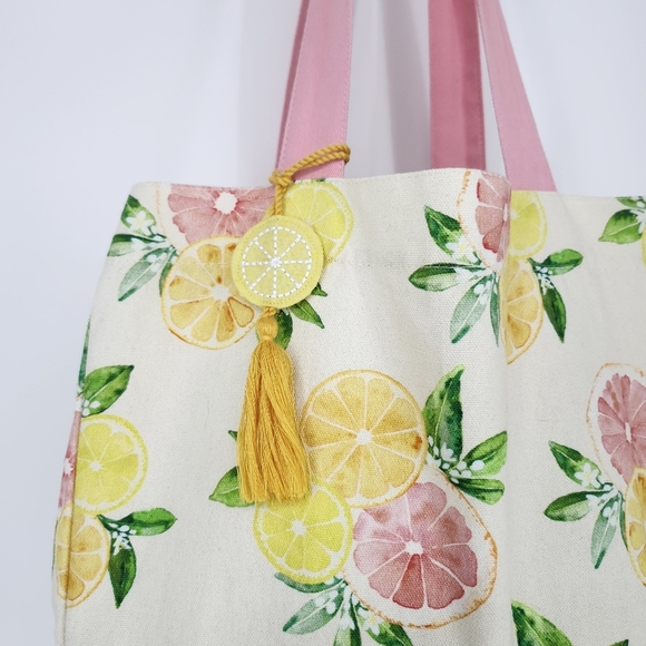 Cotton Canvas Citrus Tote Bag Pink Yellow Lemon Tassel Preppy Spring Summer - Picture 2 of 8